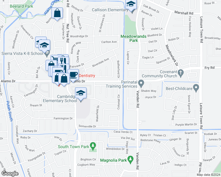 map of restaurants, bars, coffee shops, grocery stores, and more near 106 Brockton Court in Vacaville