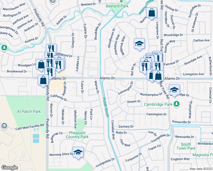 map of restaurants, bars, coffee shops, grocery stores, and more near 165 Audrey Place in Vacaville