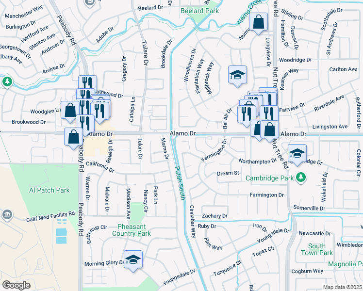 map of restaurants, bars, coffee shops, grocery stores, and more near 165 Audrey Place in Vacaville