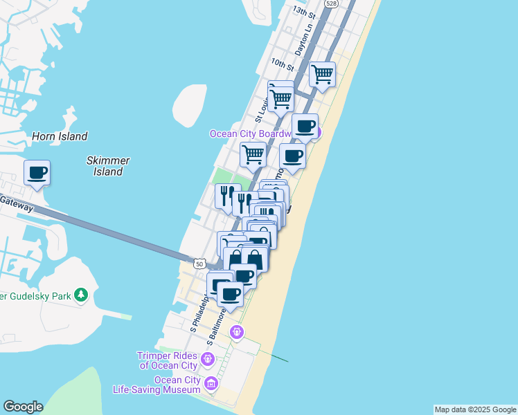 map of restaurants, bars, coffee shops, grocery stores, and more near 217 Baltimore Avenue in Ocean City