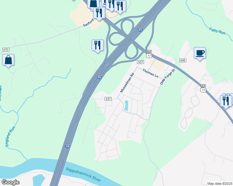map of restaurants, bars, coffee shops, grocery stores, and more near 200 Musselman Road in Fredericksburg