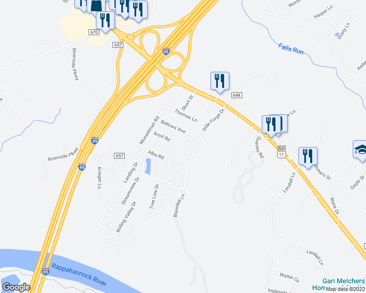 map of restaurants, bars, coffee shops, grocery stores, and more near 812 Sledgehammer Drive in Fredericksburg