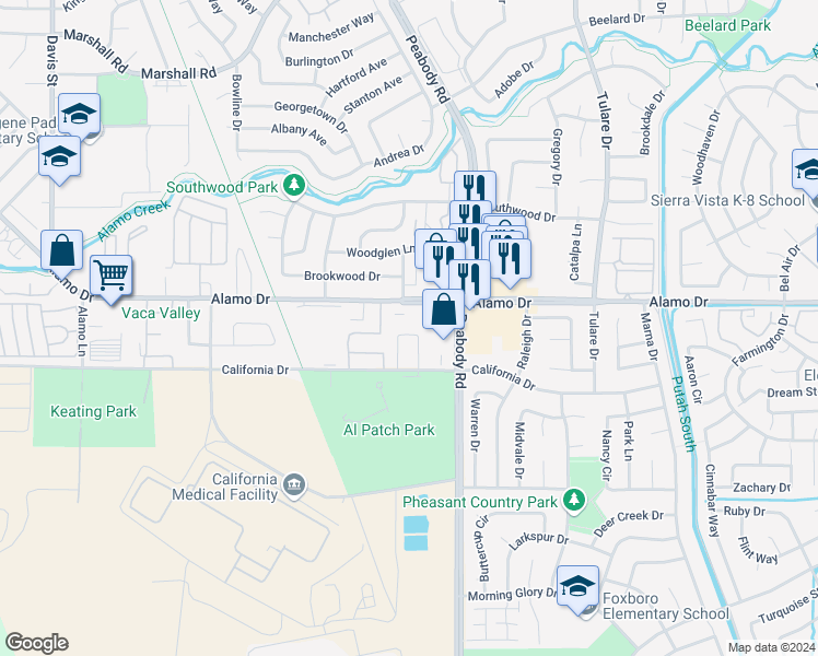 map of restaurants, bars, coffee shops, grocery stores, and more near 1841 Quail Meadows Circle in Vacaville