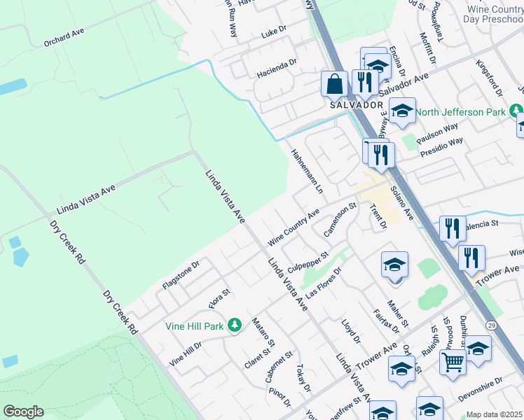 map of restaurants, bars, coffee shops, grocery stores, and more near 26 Edgefield Court in Napa