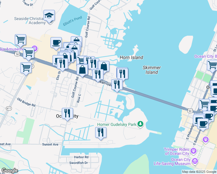 map of restaurants, bars, coffee shops, grocery stores, and more near 13000 Marina View Lane in Ocean City