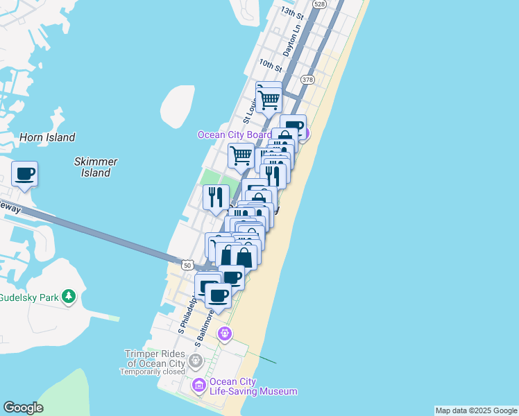map of restaurants, bars, coffee shops, grocery stores, and more near 302 Baltimore Avenue in Ocean City