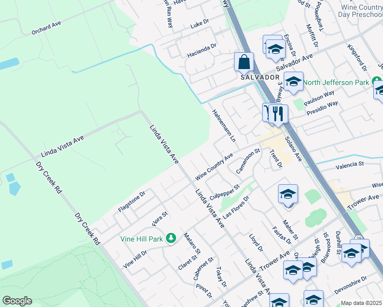 map of restaurants, bars, coffee shops, grocery stores, and more near 26 Edgefield Court in Napa