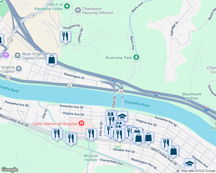 map of restaurants, bars, coffee shops, grocery stores, and more near 2521 Kanawha Blvd E in Charleston