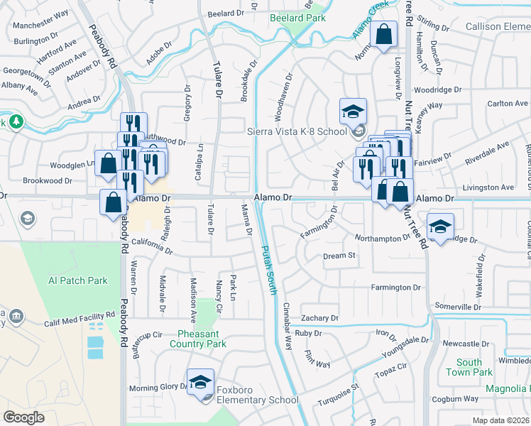 map of restaurants, bars, coffee shops, grocery stores, and more near 157 Audrey Place in Vacaville