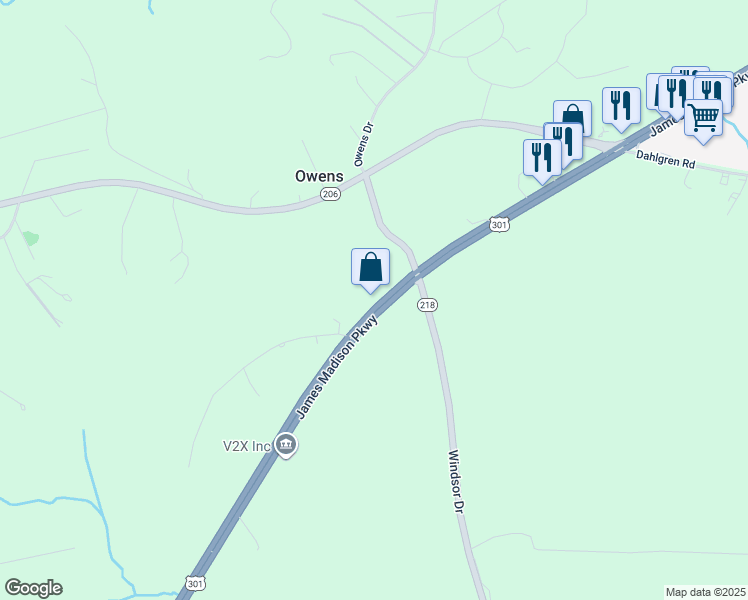 map of restaurants, bars, coffee shops, grocery stores, and more near 5688 James Madison Parkway in King George