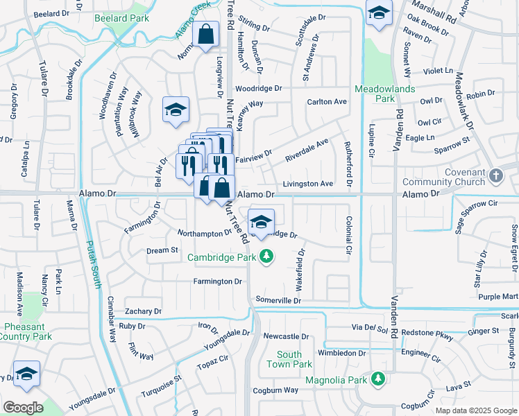 map of restaurants, bars, coffee shops, grocery stores, and more near 140 Village Court in Vacaville