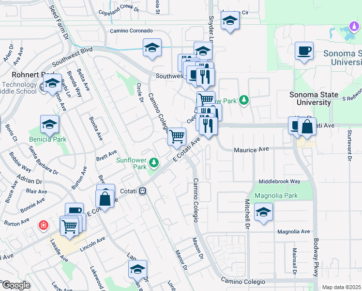 map of restaurants, bars, coffee shops, grocery stores, and more near 7500 East Cotati Avenue in Rohnert Park