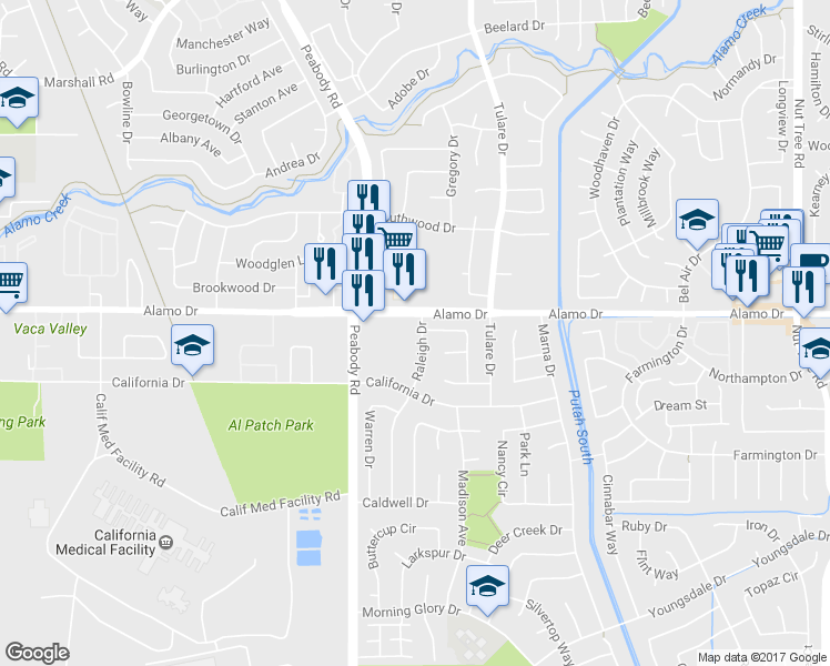 map of restaurants, bars, coffee shops, grocery stores, and more near 118 Raleigh Drive in Vacaville