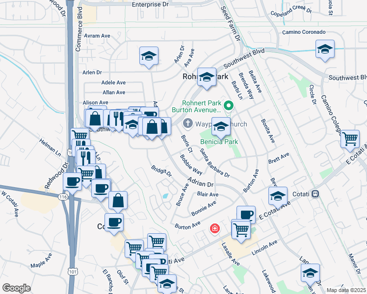 map of restaurants, bars, coffee shops, grocery stores, and more near 7397 Boris Court in Rohnert Park