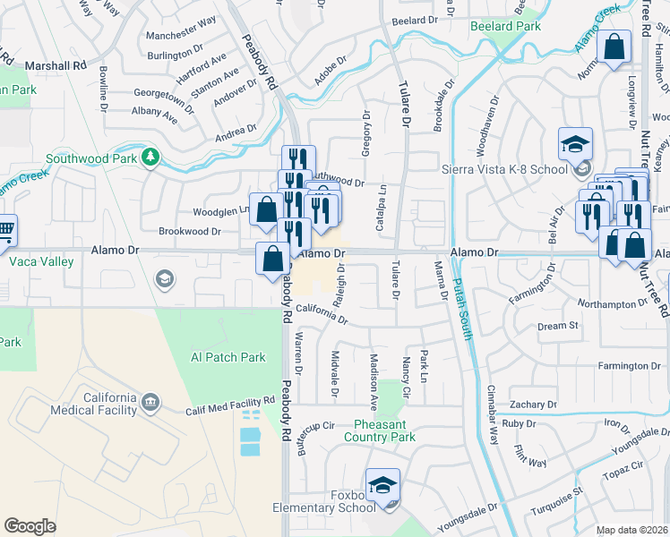 map of restaurants, bars, coffee shops, grocery stores, and more near 2075 Alamo Drive in Vacaville