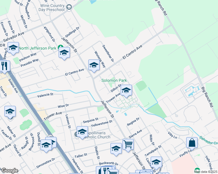 map of restaurants, bars, coffee shops, grocery stores, and more near 3975 Hischier Court in Napa