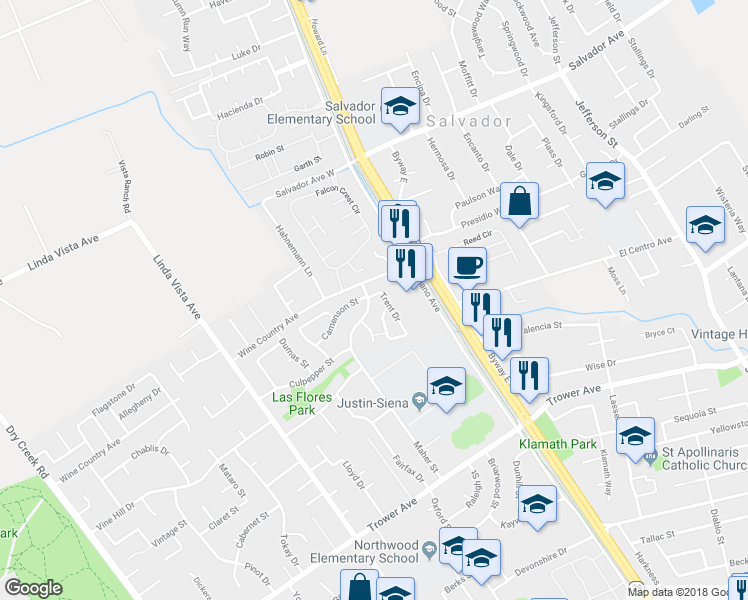 map of restaurants, bars, coffee shops, grocery stores, and more near 1036 Wine Country Avenue in Napa