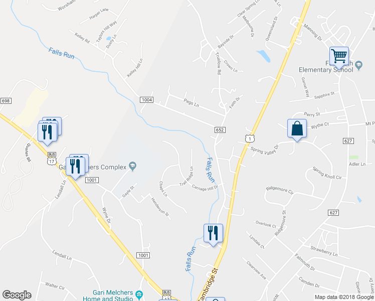 map of restaurants, bars, coffee shops, grocery stores, and more near 43 Trail Ridge Lane in Fredericksburg
