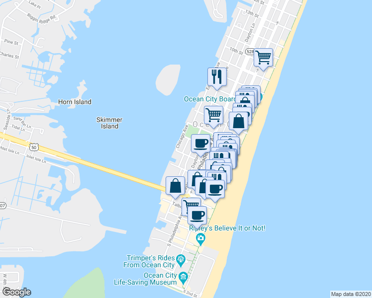 map of restaurants, bars, coffee shops, grocery stores, and more near 202 Bayview Lane in Ocean City
