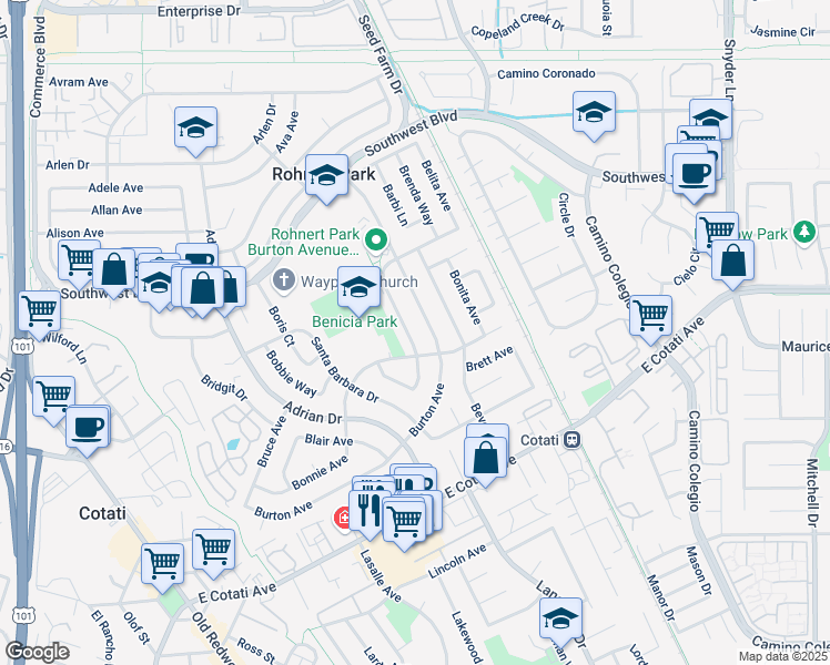 map of restaurants, bars, coffee shops, grocery stores, and more near 7642 Bernice Avenue in Rohnert Park