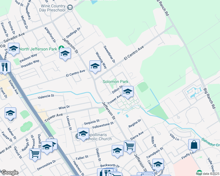 map of restaurants, bars, coffee shops, grocery stores, and more near 3975 Hischier Court in Napa