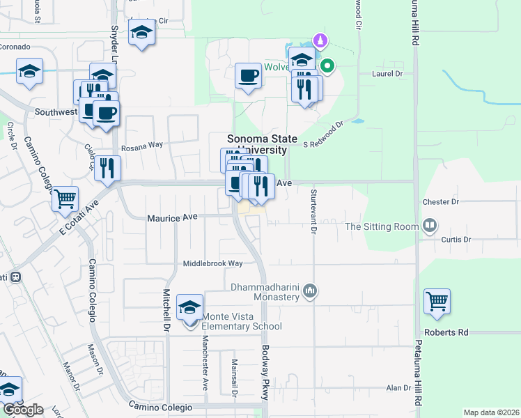 map of restaurants, bars, coffee shops, grocery stores, and more near 1728 East Cotati Avenue in Rohnert Park