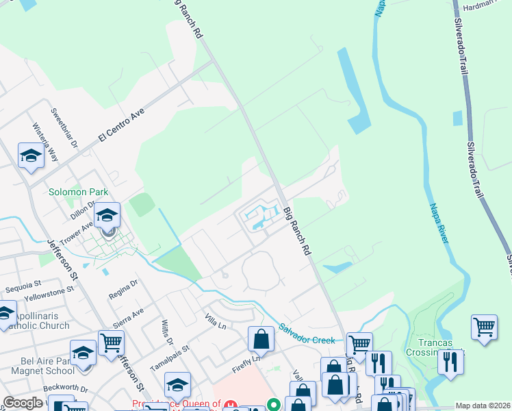 map of restaurants, bars, coffee shops, grocery stores, and more near 1438 Rosewood Lane in Napa