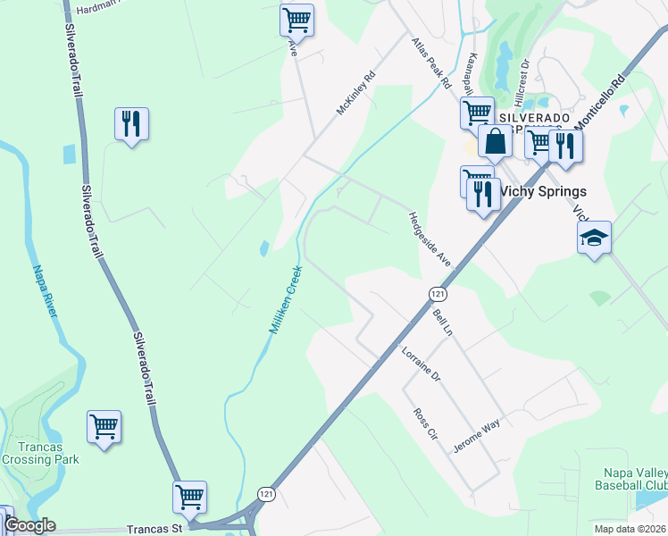 map of restaurants, bars, coffee shops, grocery stores, and more near 1196 Monticello Road in Napa