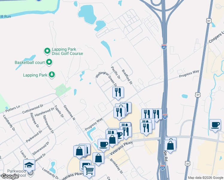 map of restaurants, bars, coffee shops, grocery stores, and more near 2330 Wellington Green Drive in Clarksville