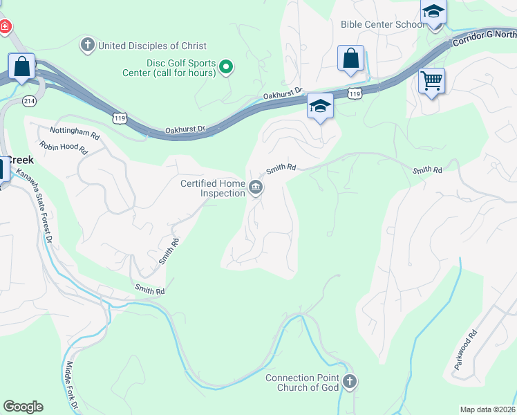 map of restaurants, bars, coffee shops, grocery stores, and more near 104 Powderhorn Road in Charleston
