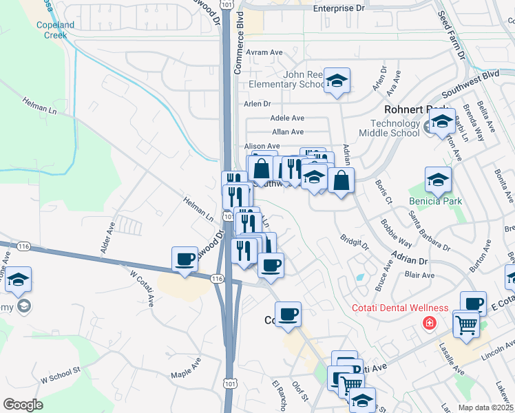 map of restaurants, bars, coffee shops, grocery stores, and more near 125 Southwest Boulevard in Rohnert Park