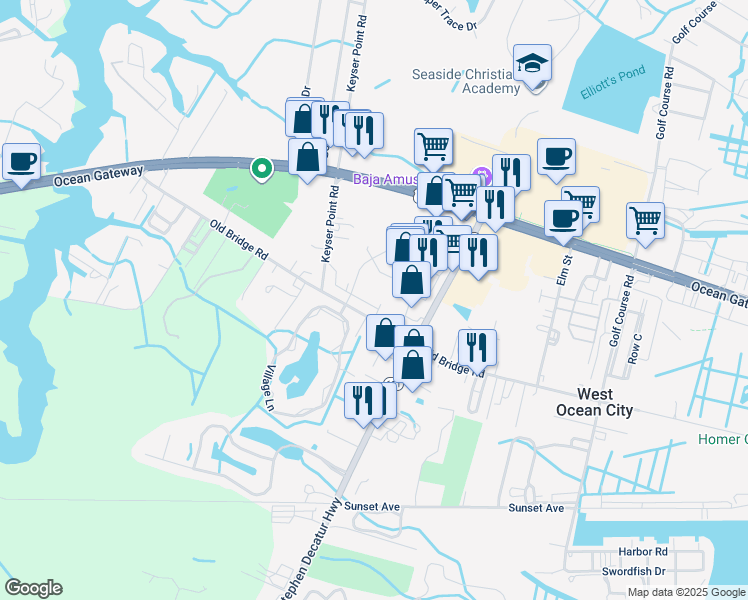 map of restaurants, bars, coffee shops, grocery stores, and more near 9800 Mooring View Lane in Ocean City