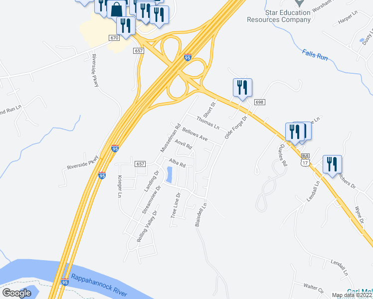 map of restaurants, bars, coffee shops, grocery stores, and more near 900 Anvil Road in Fredericksburg