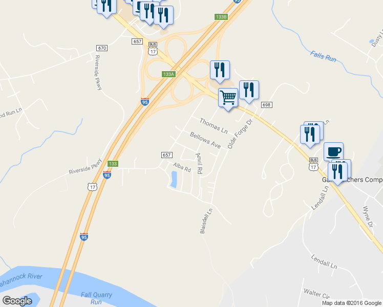 map of restaurants, bars, coffee shops, grocery stores, and more near 900 Anvil Road in Fredericksburg
