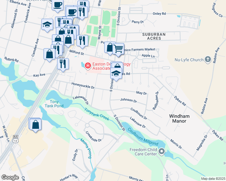 map of restaurants, bars, coffee shops, grocery stores, and more near 1501 South Division Street in Salisbury
