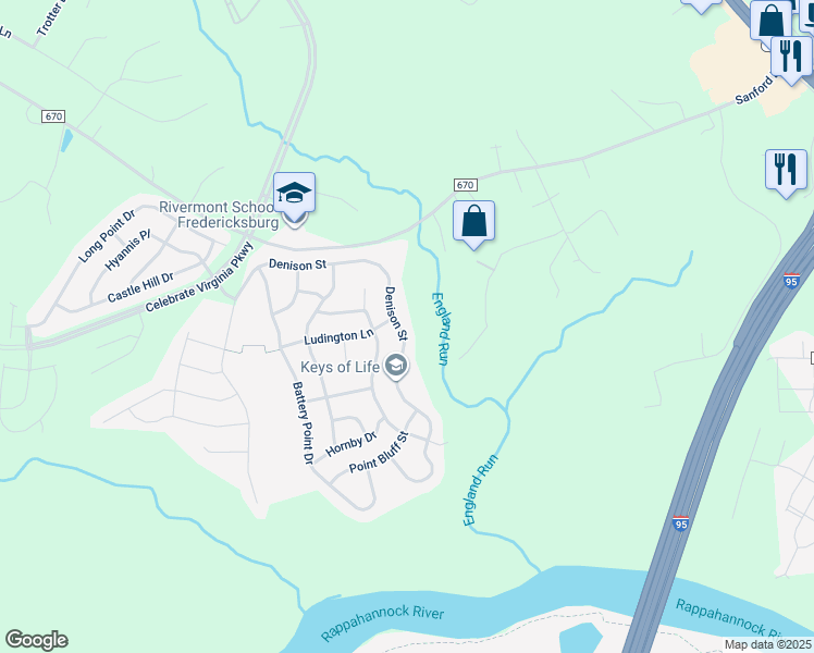map of restaurants, bars, coffee shops, grocery stores, and more near 111 Denison Street in Fredericksburg