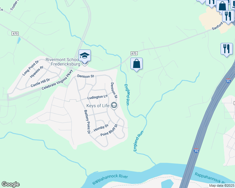 map of restaurants, bars, coffee shops, grocery stores, and more near 111 Denison Street in Fredericksburg