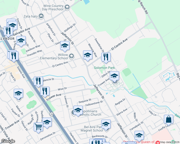 map of restaurants, bars, coffee shops, grocery stores, and more near 3954 Jefferson Street in Napa