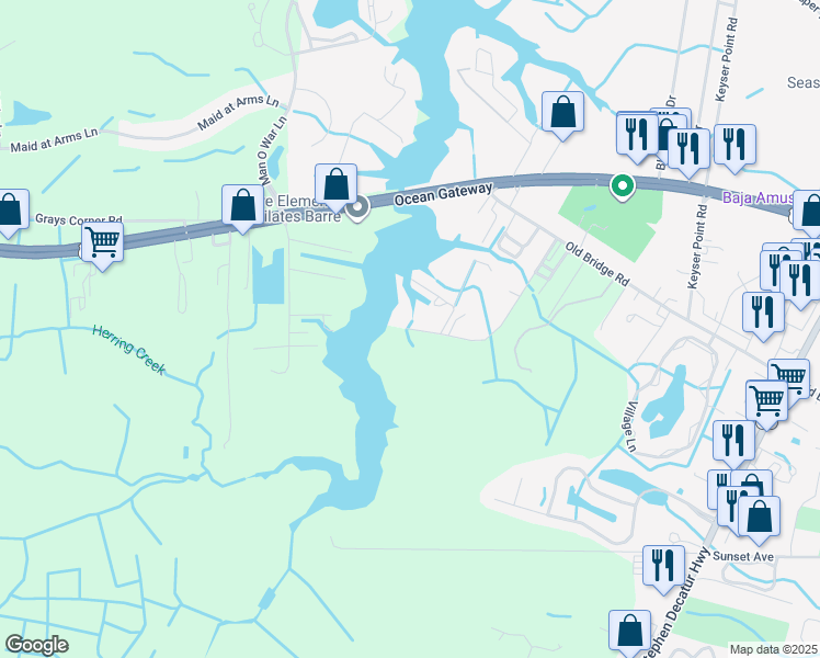 map of restaurants, bars, coffee shops, grocery stores, and more near 12239 Greenridge Lane Road in Ocean City
