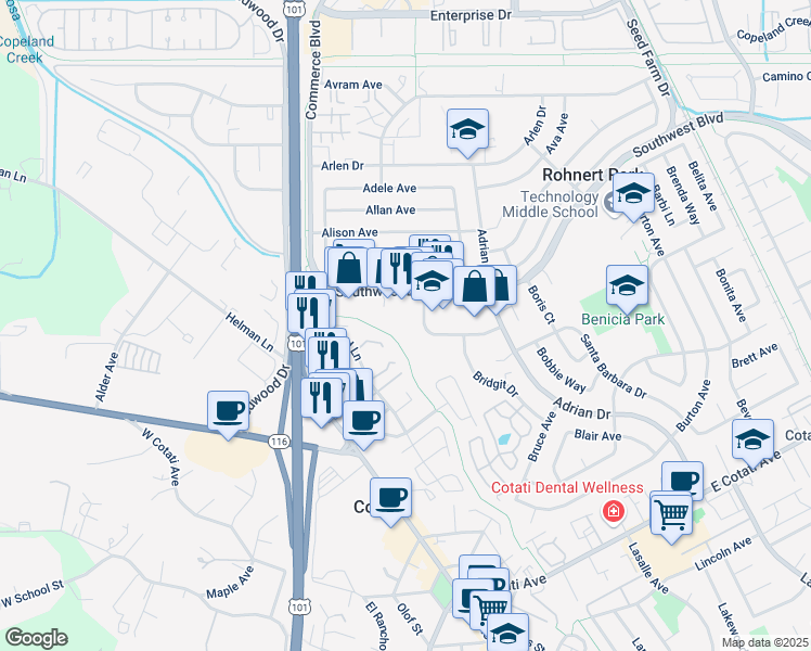 map of restaurants, bars, coffee shops, grocery stores, and more near 7323 College View Drive in Rohnert Park