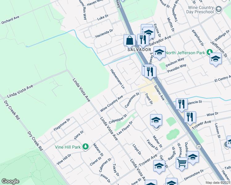 map of restaurants, bars, coffee shops, grocery stores, and more near 2 Emperor Court in Napa