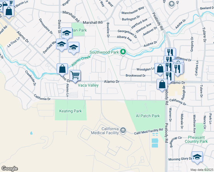map of restaurants, bars, coffee shops, grocery stores, and more near 224 Coronado Court in Vacaville