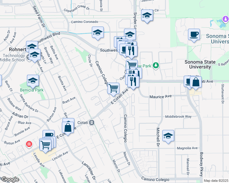 map of restaurants, bars, coffee shops, grocery stores, and more near 1227 Caridad Court in Rohnert Park