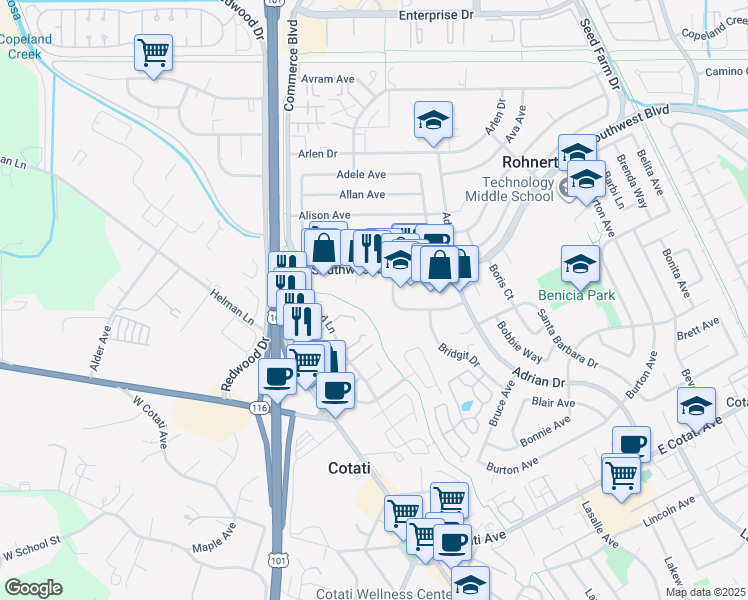map of restaurants, bars, coffee shops, grocery stores, and more near 135 Southwest Boulevard in Rohnert Park