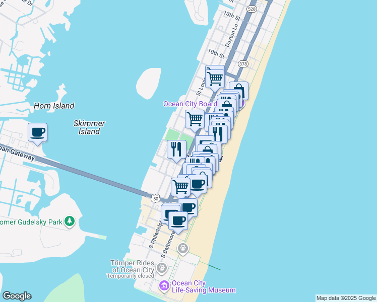 map of restaurants, bars, coffee shops, grocery stores, and more near in Ocean City