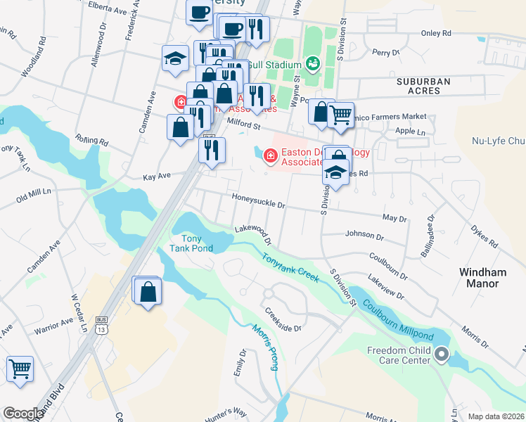 map of restaurants, bars, coffee shops, grocery stores, and more near 131 Honeysuckle Drive in Salisbury