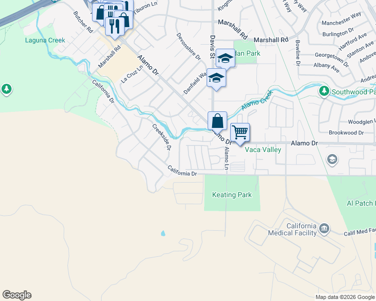 map of restaurants, bars, coffee shops, grocery stores, and more near 1191 Araquipa Court in Vacaville