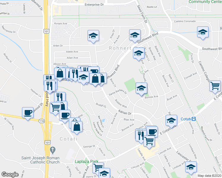 map of restaurants, bars, coffee shops, grocery stores, and more near 7397 Boris Court in Rohnert Park