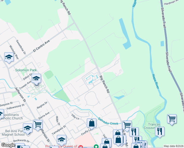 map of restaurants, bars, coffee shops, grocery stores, and more near 1438 Rosewood Lane in Napa