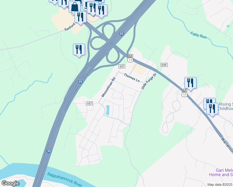 map of restaurants, bars, coffee shops, grocery stores, and more near 908 Anvil Road in Fredericksburg